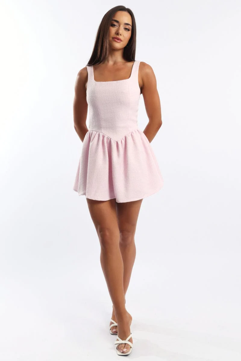 Pink Mini Dress Square Neck Tweed Fabric