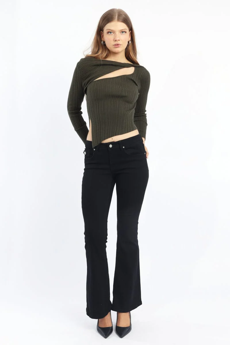 Green Knit Top Long Sleeve Cut Out