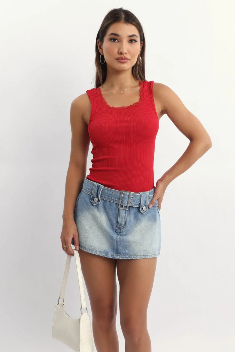 Red Tank Top Sleeveless Lace Trim