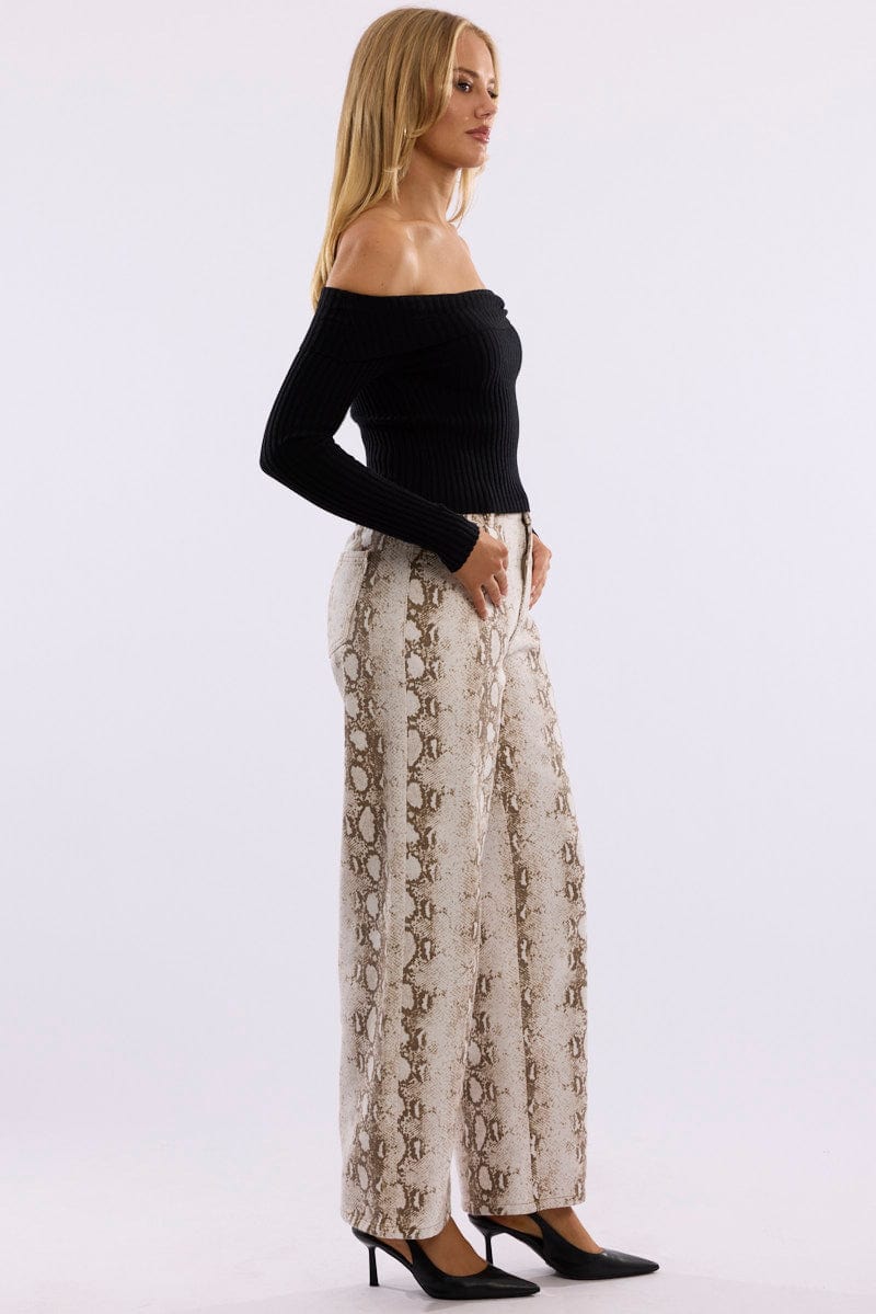 Multi Animal Print Wide Leg Jeans Mid Rise