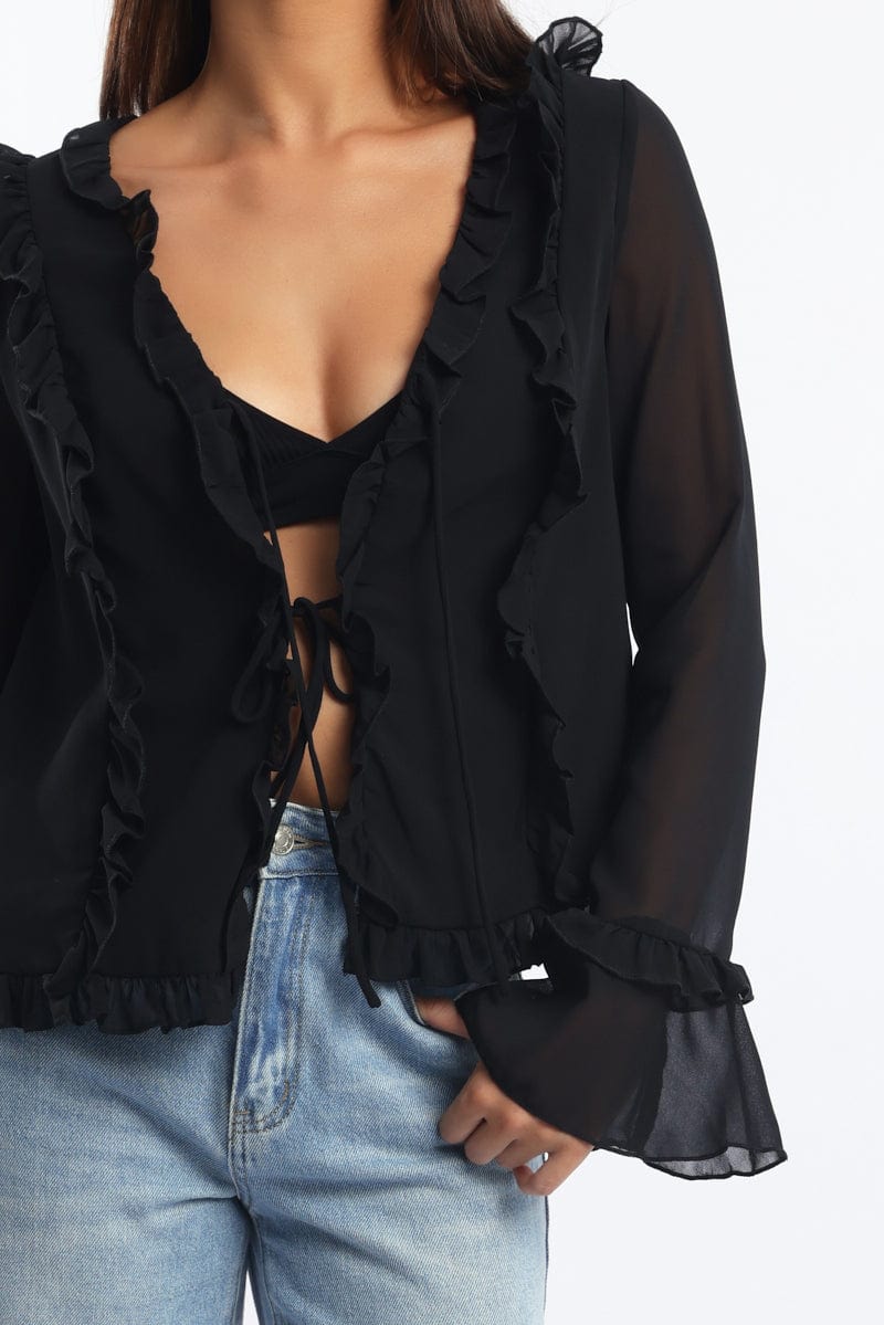 Black Tie Up Top Long Sleeve V Neck Filled
