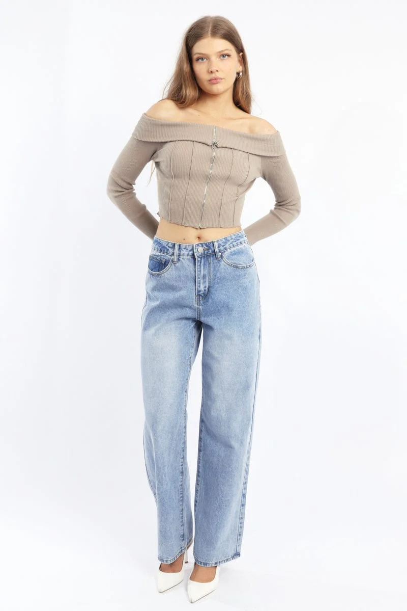 Green Knit Top Long Sleeve Off Shoulder Zip Front