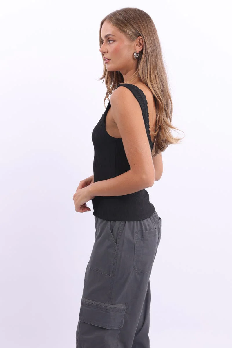 Black Tank Top Sleeveless Lace Trim