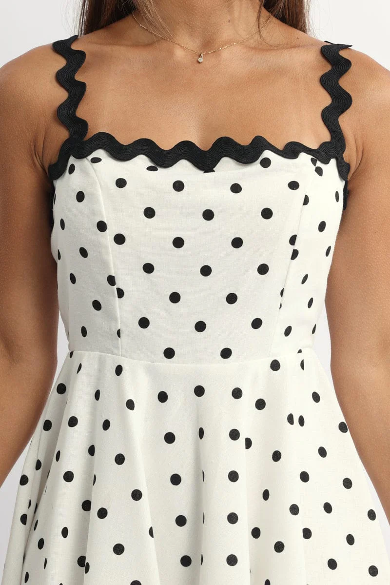 White Polka Dot Fit And Flare Dress Mini