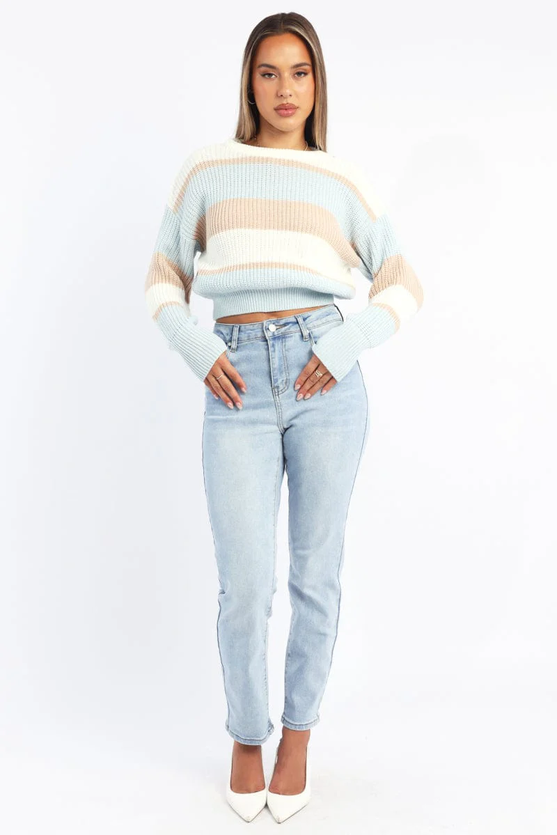 Beige Stripe Knit Top Long Sleeve Color Block