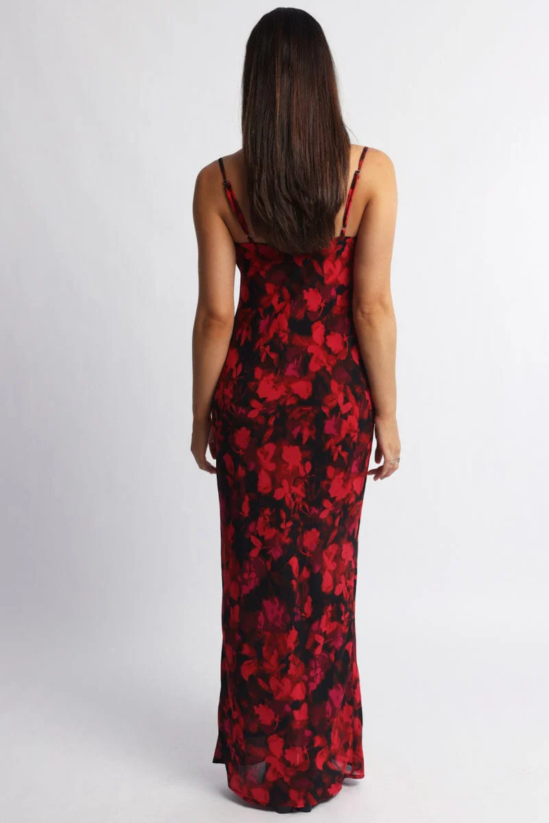 Red Floral Maxi Dress Cowl Neck