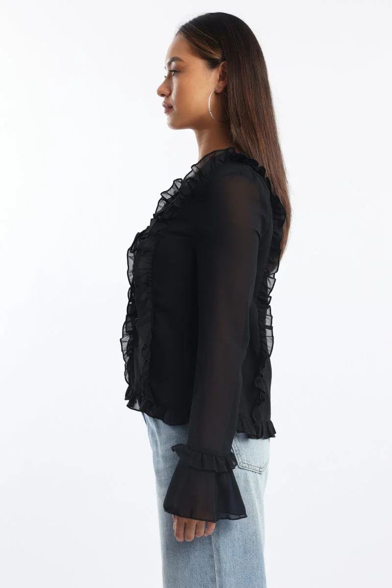 Black Tie Up Top Long Sleeve V Neck Filled