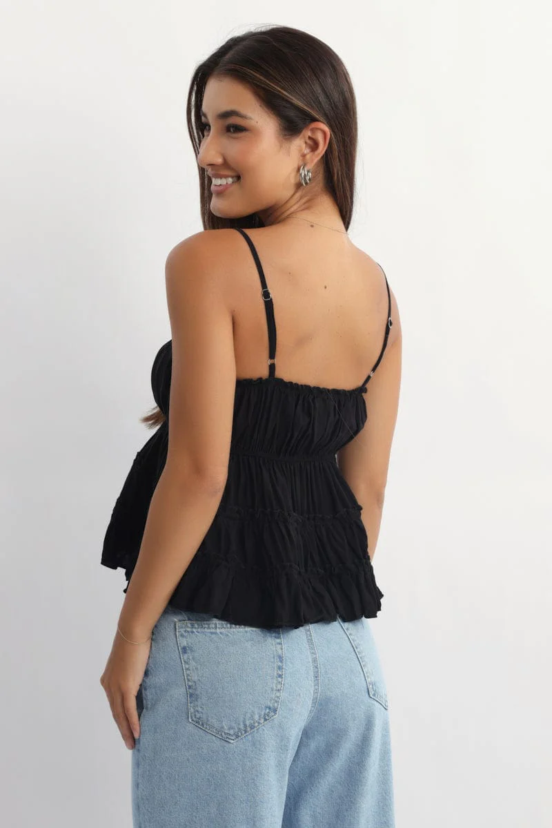 Black Ruched Cami Sleeveless Tie Details