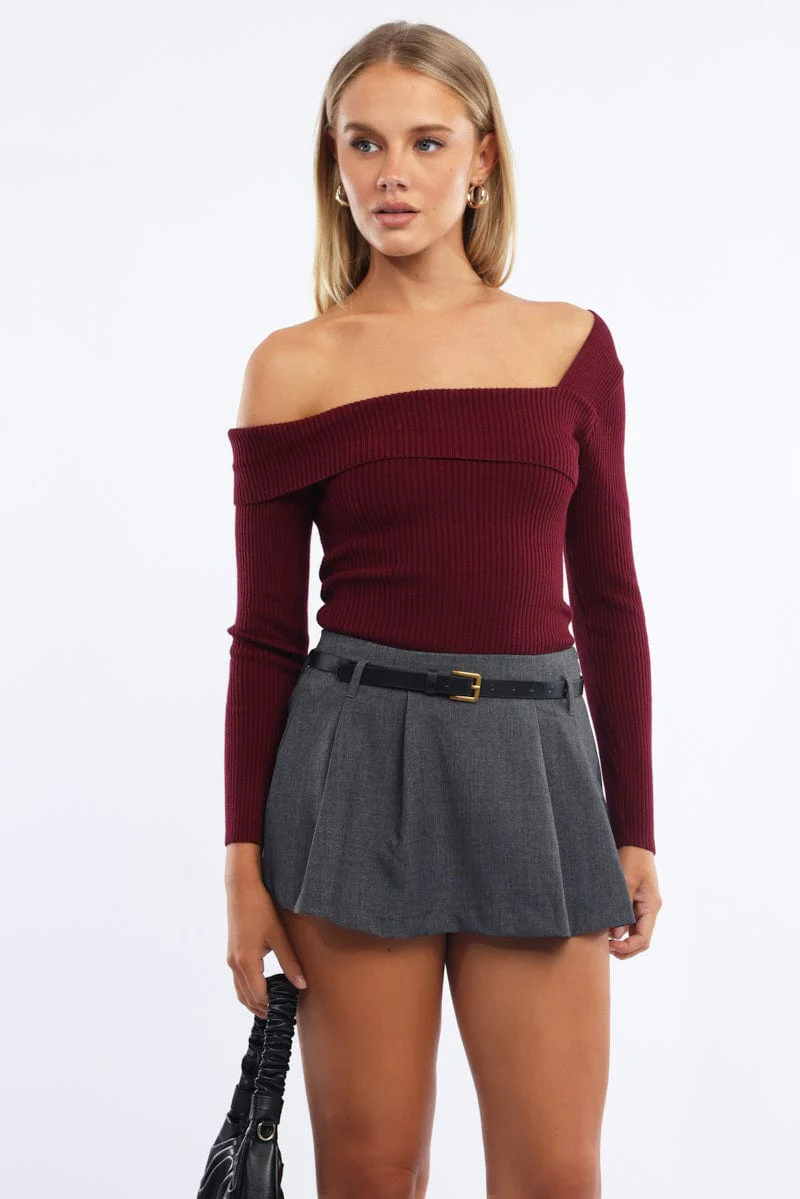 Red One Shoulder Knit Top Long Sleeve