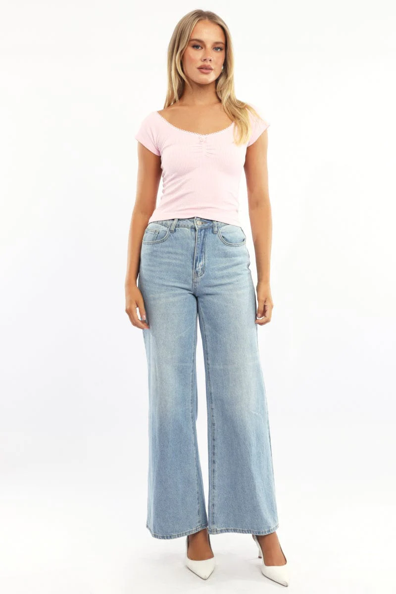 Pink Seamless Top Short Sleeve Picot Trim Rib