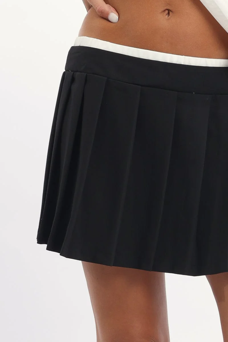 Black Pleated Skirt High Waisted Contrast Waistband