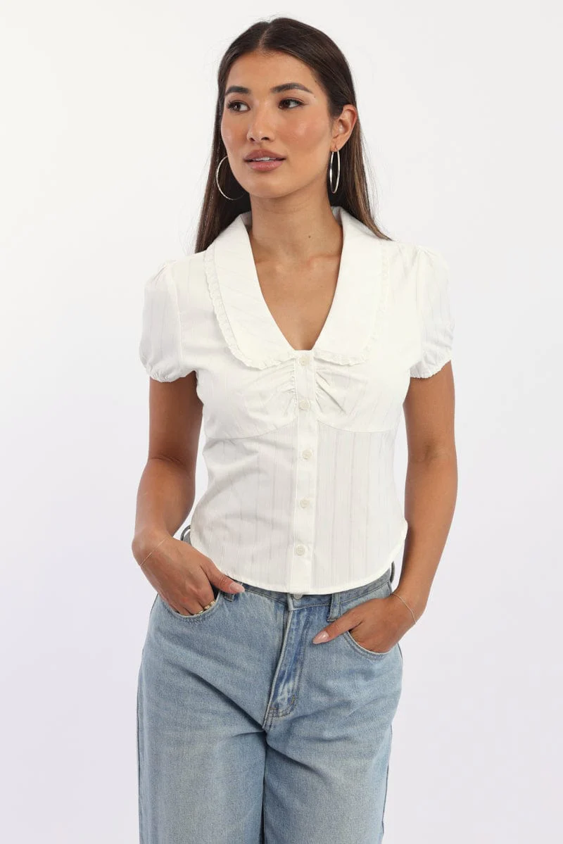 White Puff Sleeve Shirt Peter Pan Collar Button Up