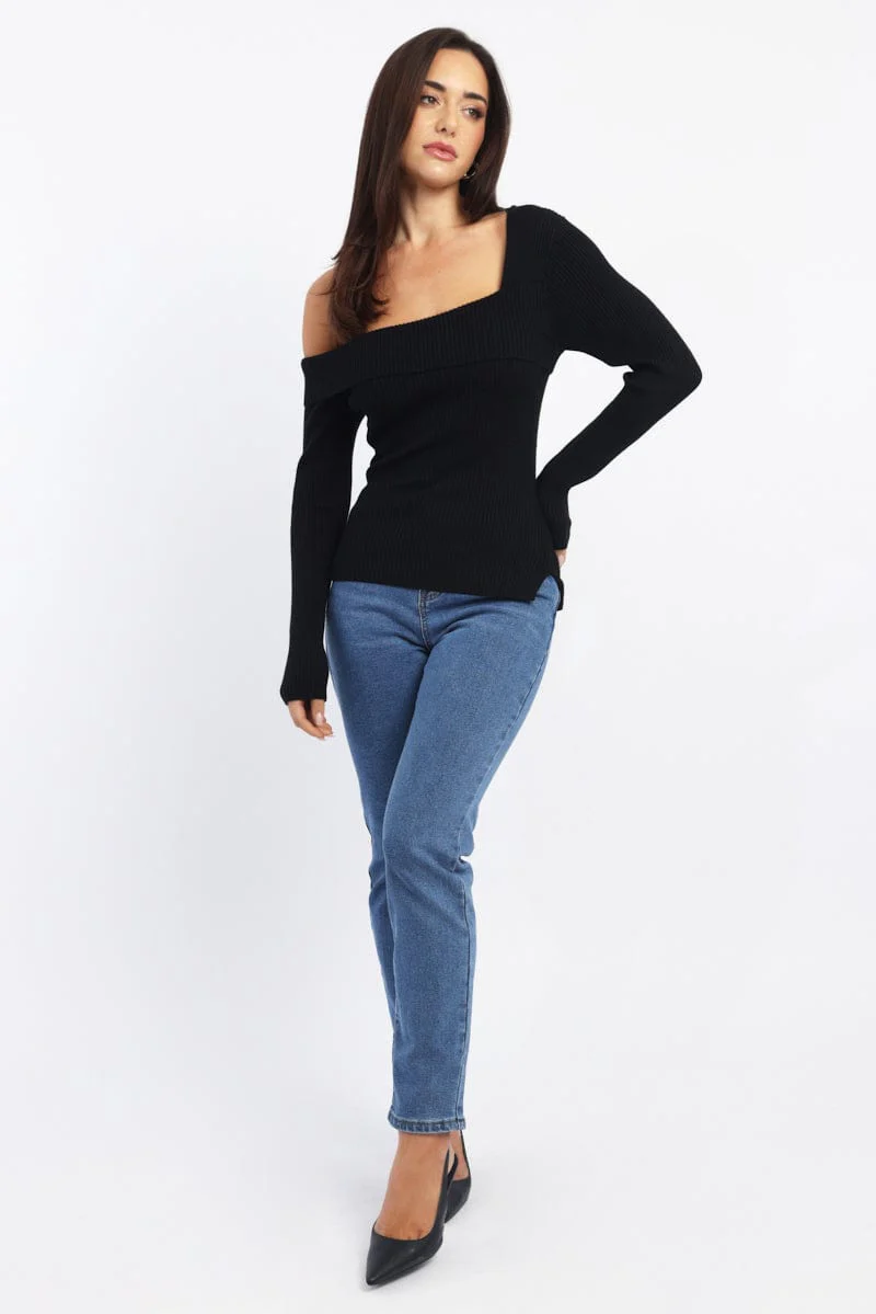 Black One Shoulder Knit Top Long Sleeve