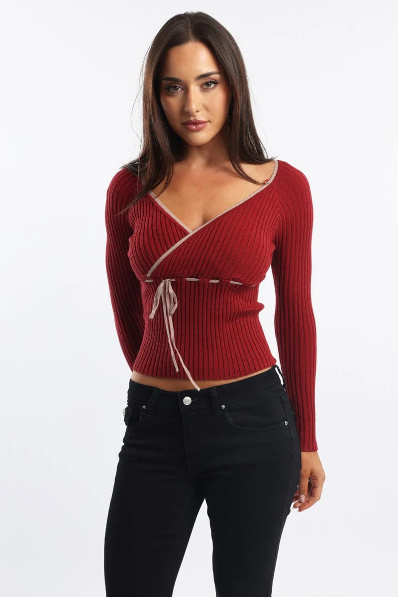 Red Knit Top Long Sleeve Wrap Front Contrast Ribbon