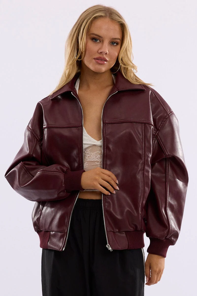 Red Bomber Jacket Faux Leather