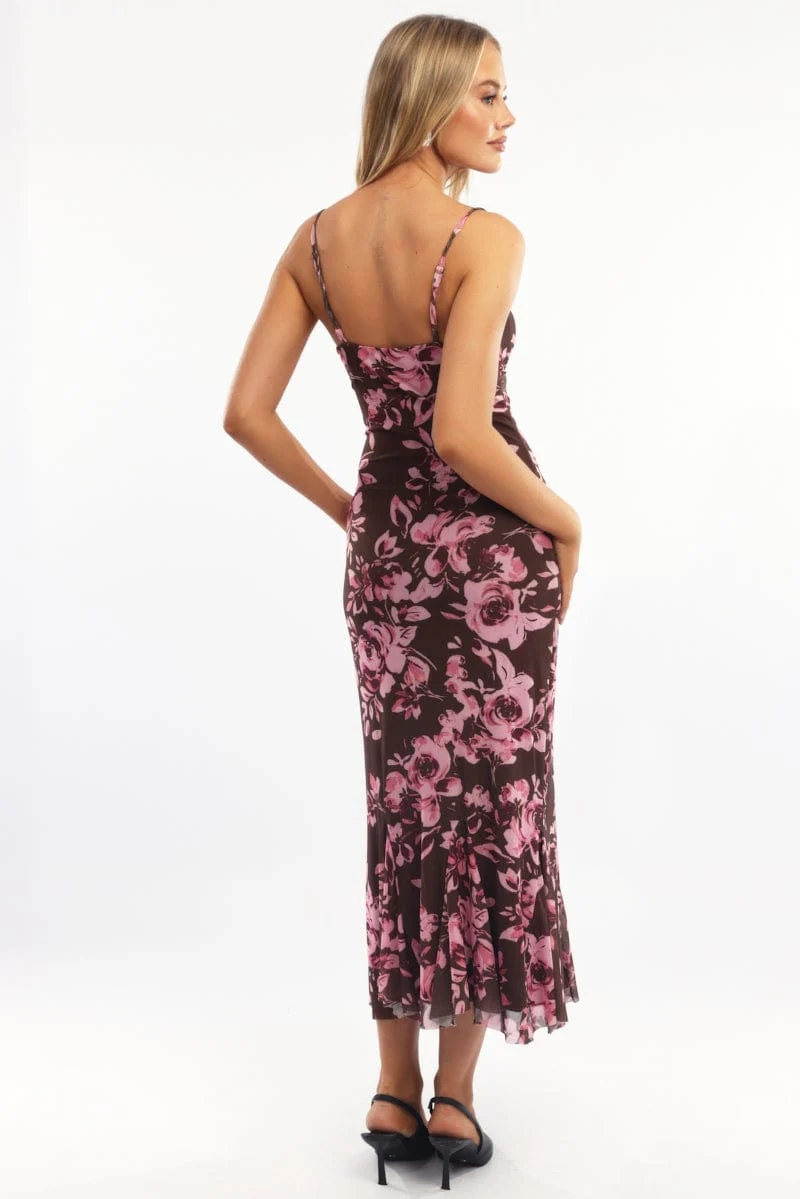 Multi Floral Bodycon Dress Midi