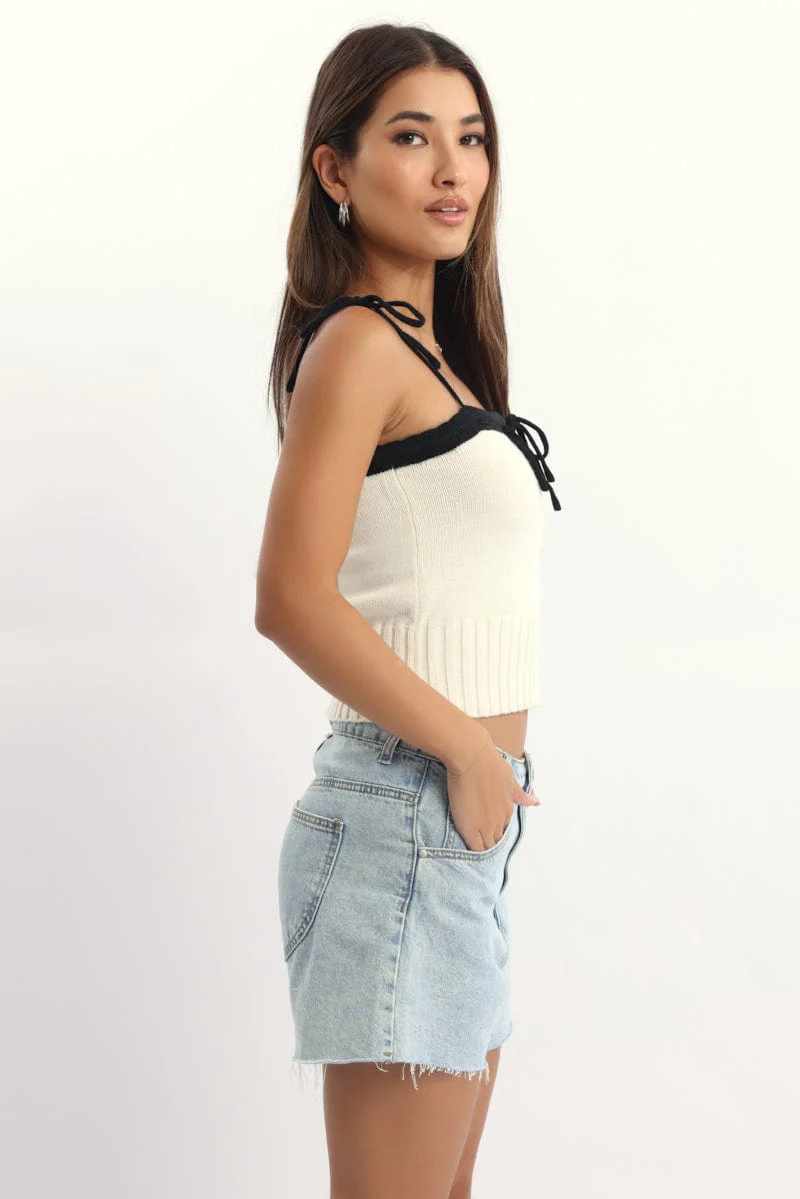 White Knit Top Sleeveless Contrast Ribbon