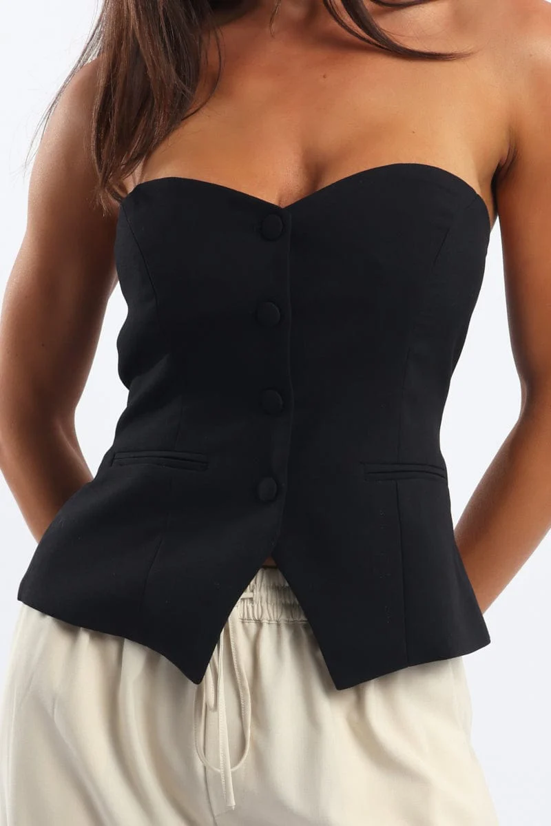 Black Bandeau Vest Sleeveless Sweetheart Tailored