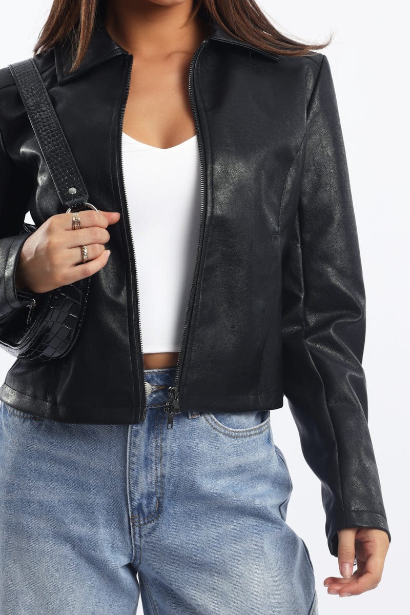 Black Faux Leather Jacket Long Sleeve
