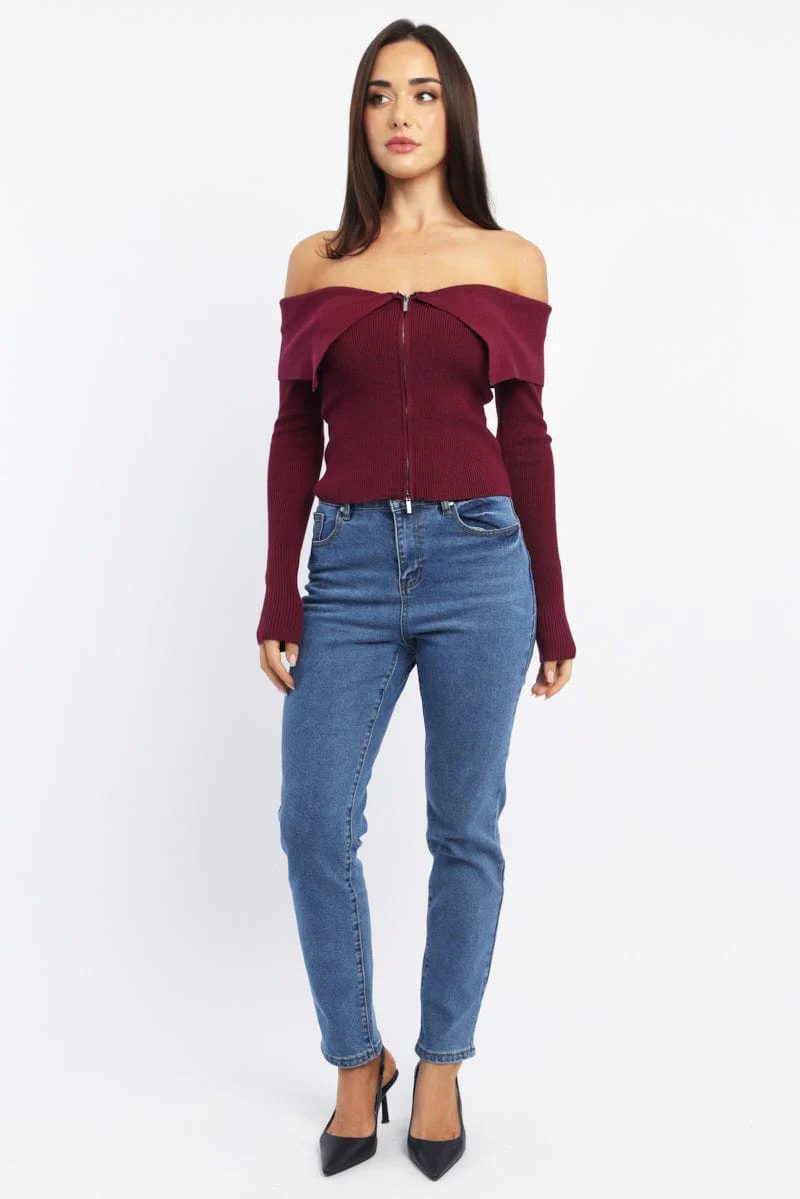 Red Cardigan Off Shoulder Zip Up