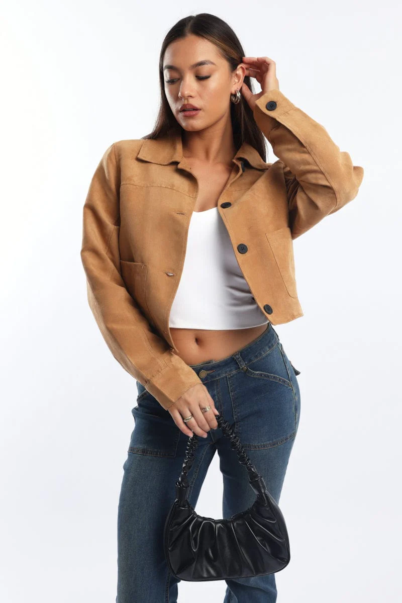 Beige Crop Jacket Suede