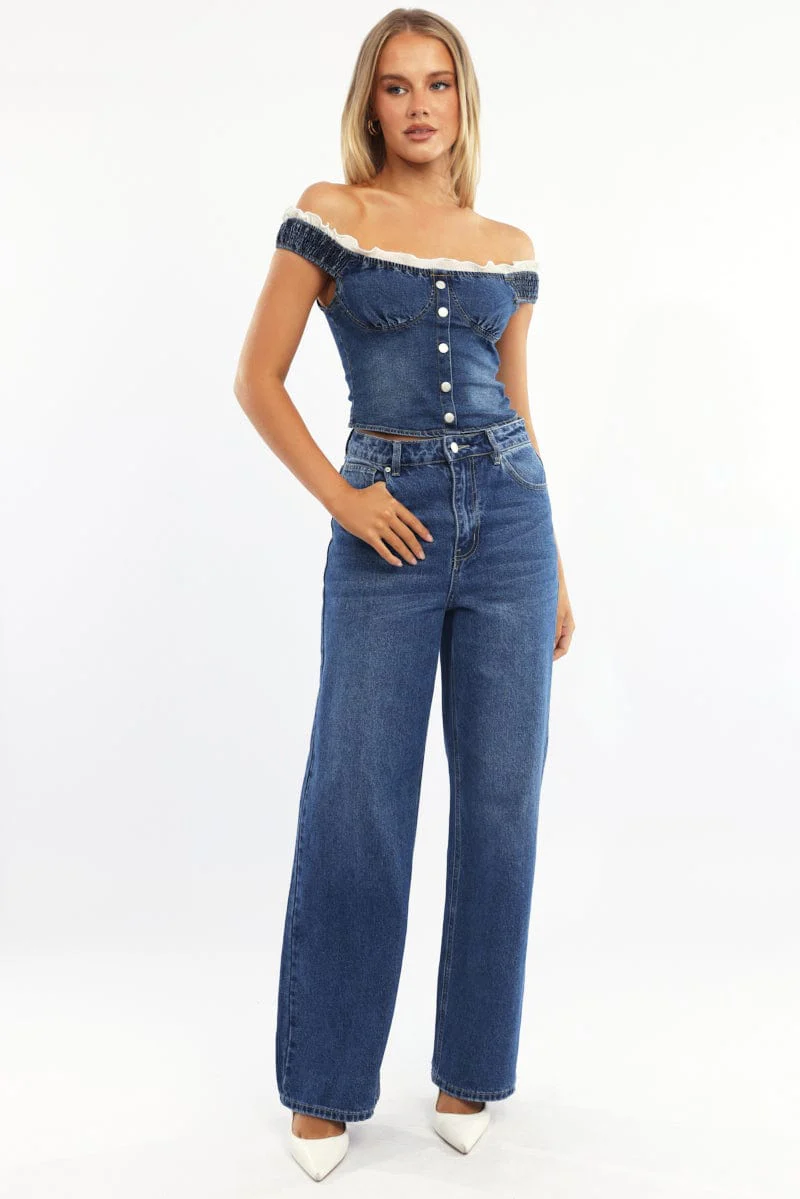 Denim Off Shoulder Top Shirred Back Button Details
