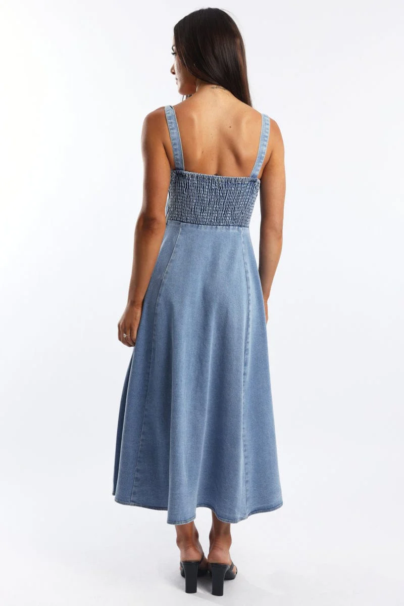 Blue Midi Dress Gathered Bust
