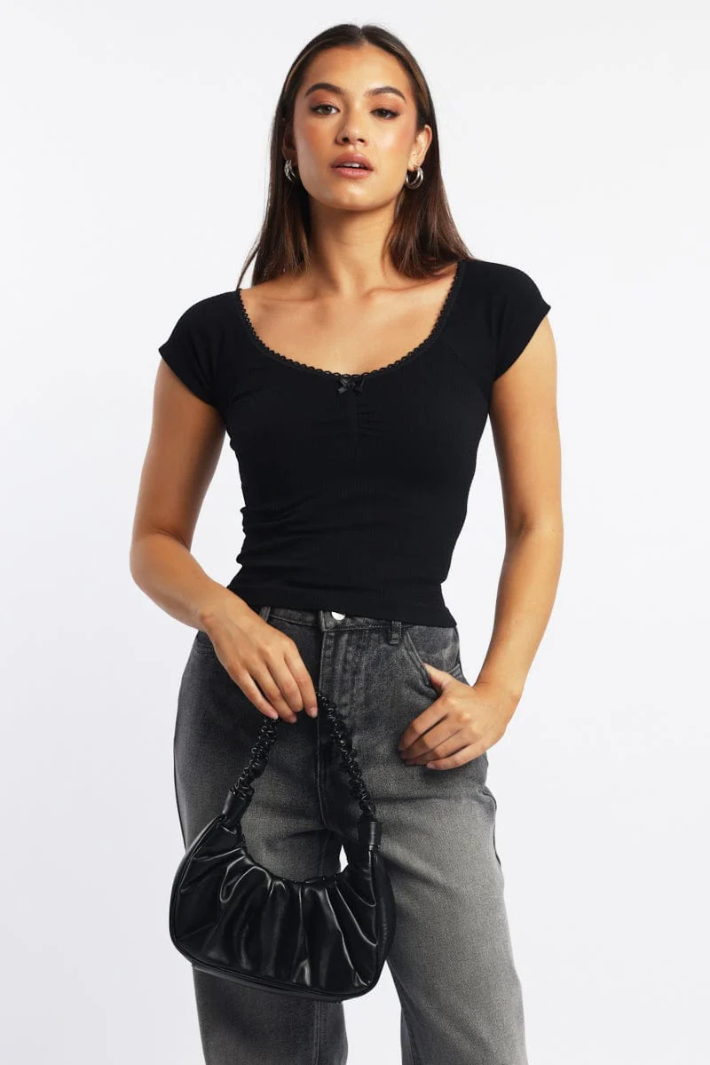 Black Seamless Top Short Sleeve Picot Trim Rib