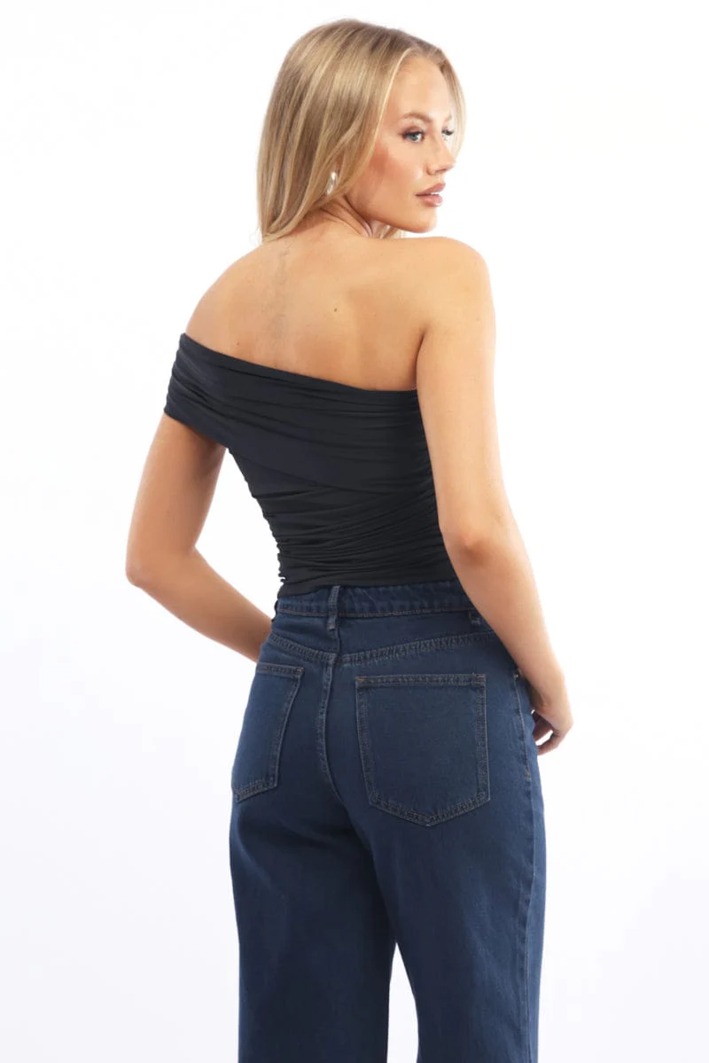 Black Asymmetrical Off Shoulder Top