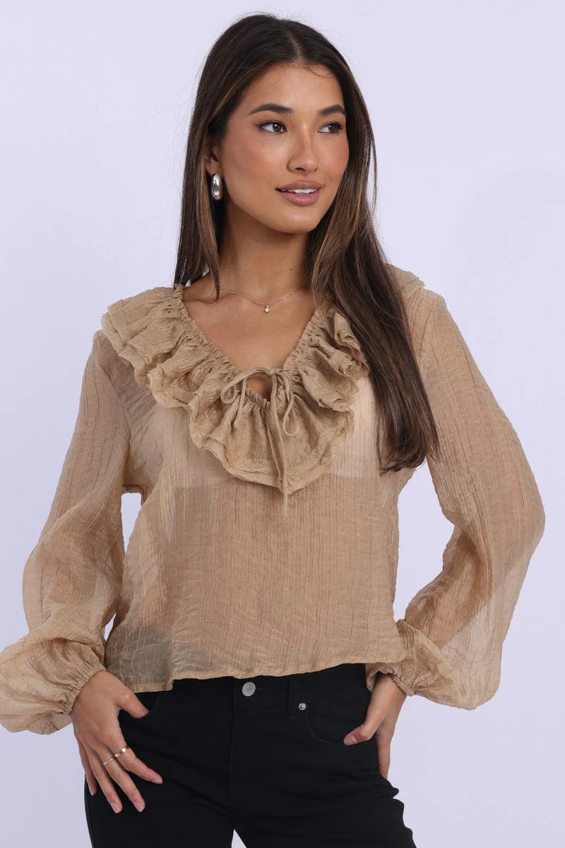 Beige Poet's Top V Neck Long Sleeve Frilled