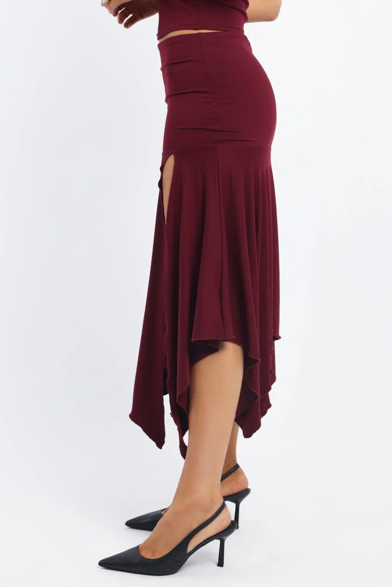Red Scarf Hem Skirt High Rise Midi Asymm Supersoft