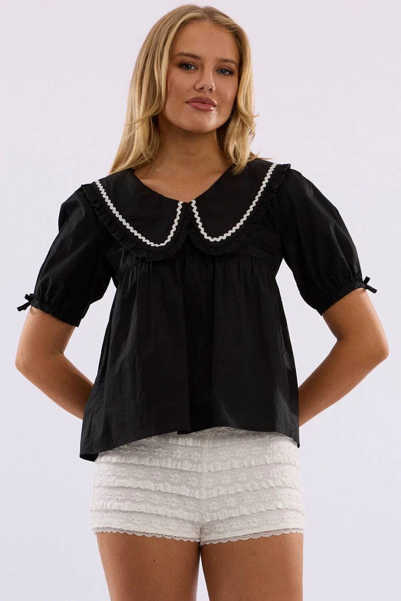 Black Babydoll Top Puff Sleeve Collared Poplin Ric Rac