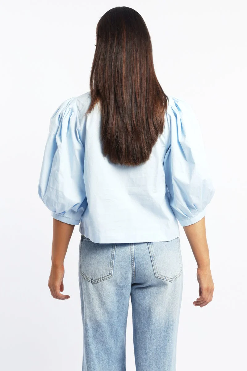 Blue Button Up Blouse Mid Sleeve Round Neck Lace Detail