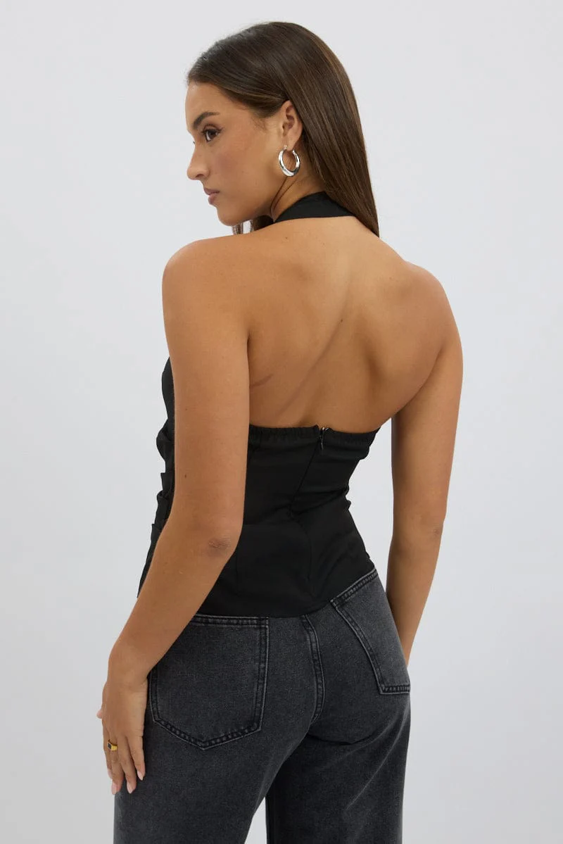 Black Gathered Asymmetric Top Sleeveless Buckle Detail
