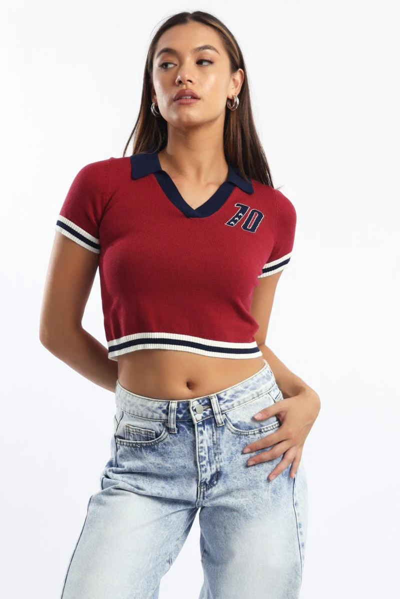 Red Knit Top Short Sleeve Collared