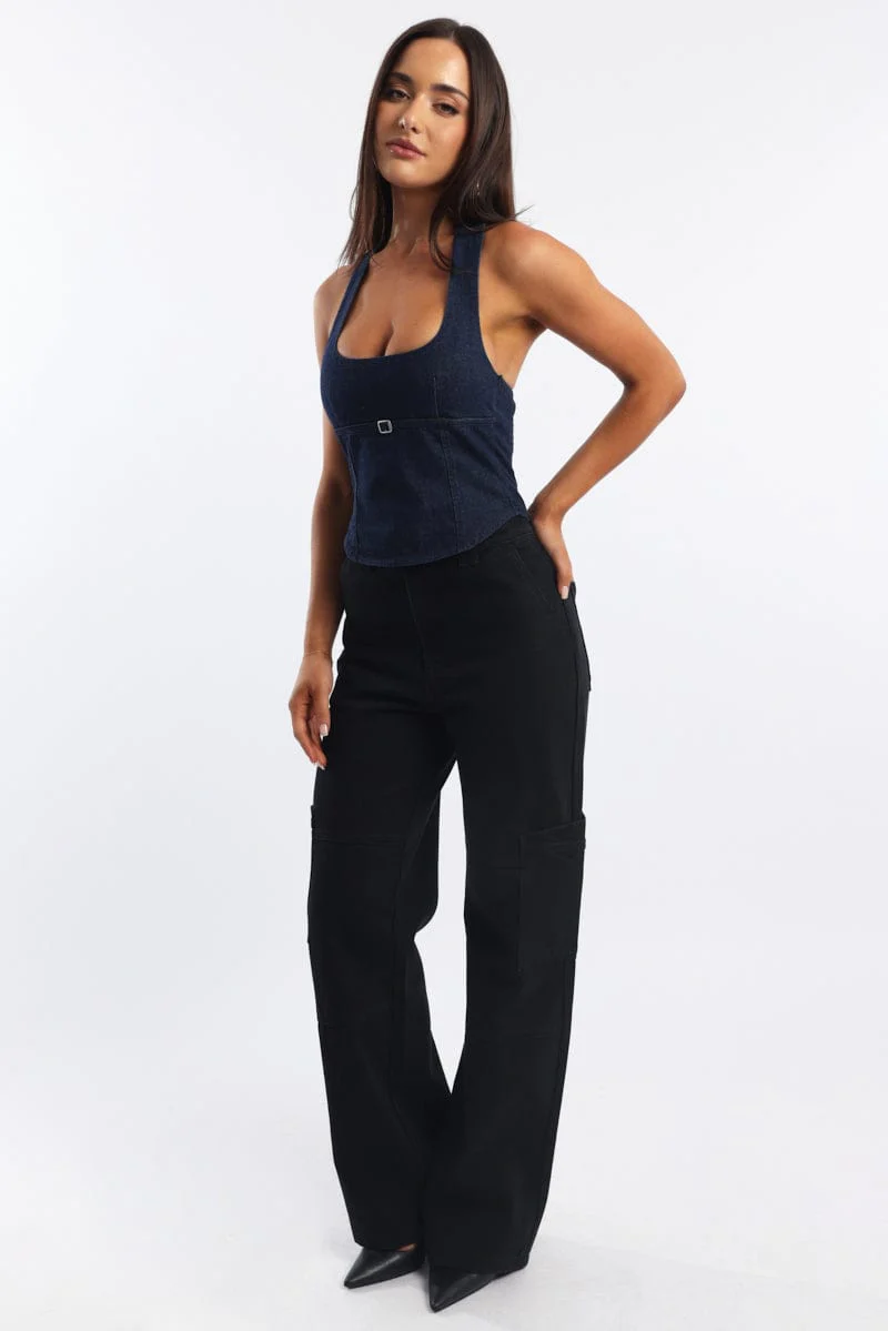 Denim Denim Halter Top Sleeveless Scoop Neck Shirred