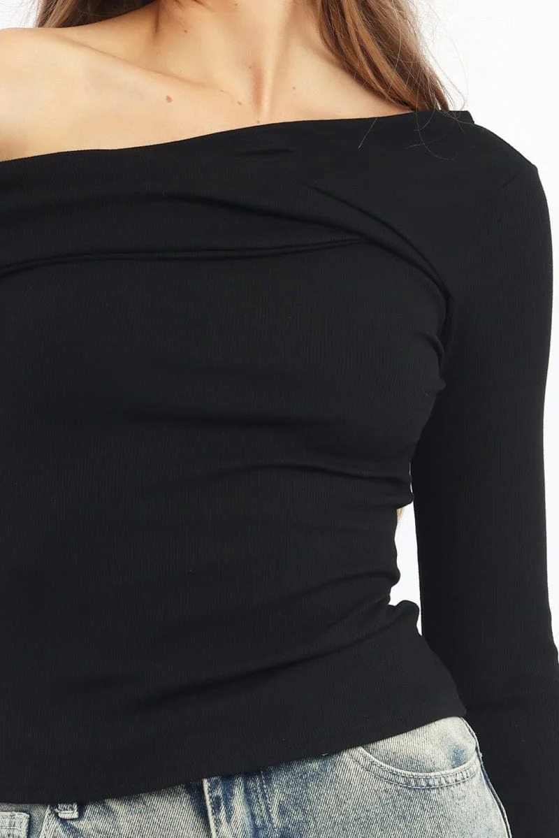 Black One Shoulder Top Long Sleeve