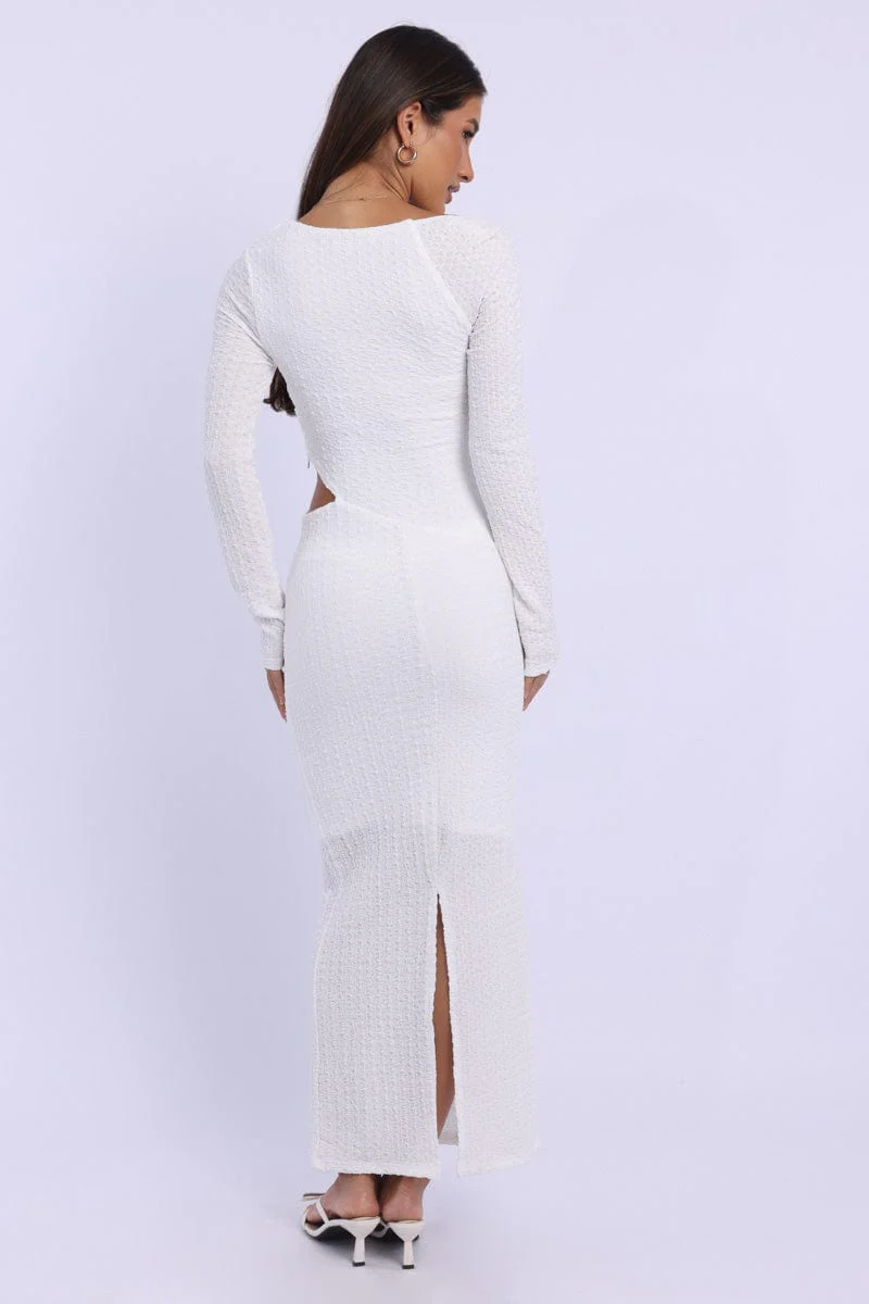White Bodycon Dress Textured Midi