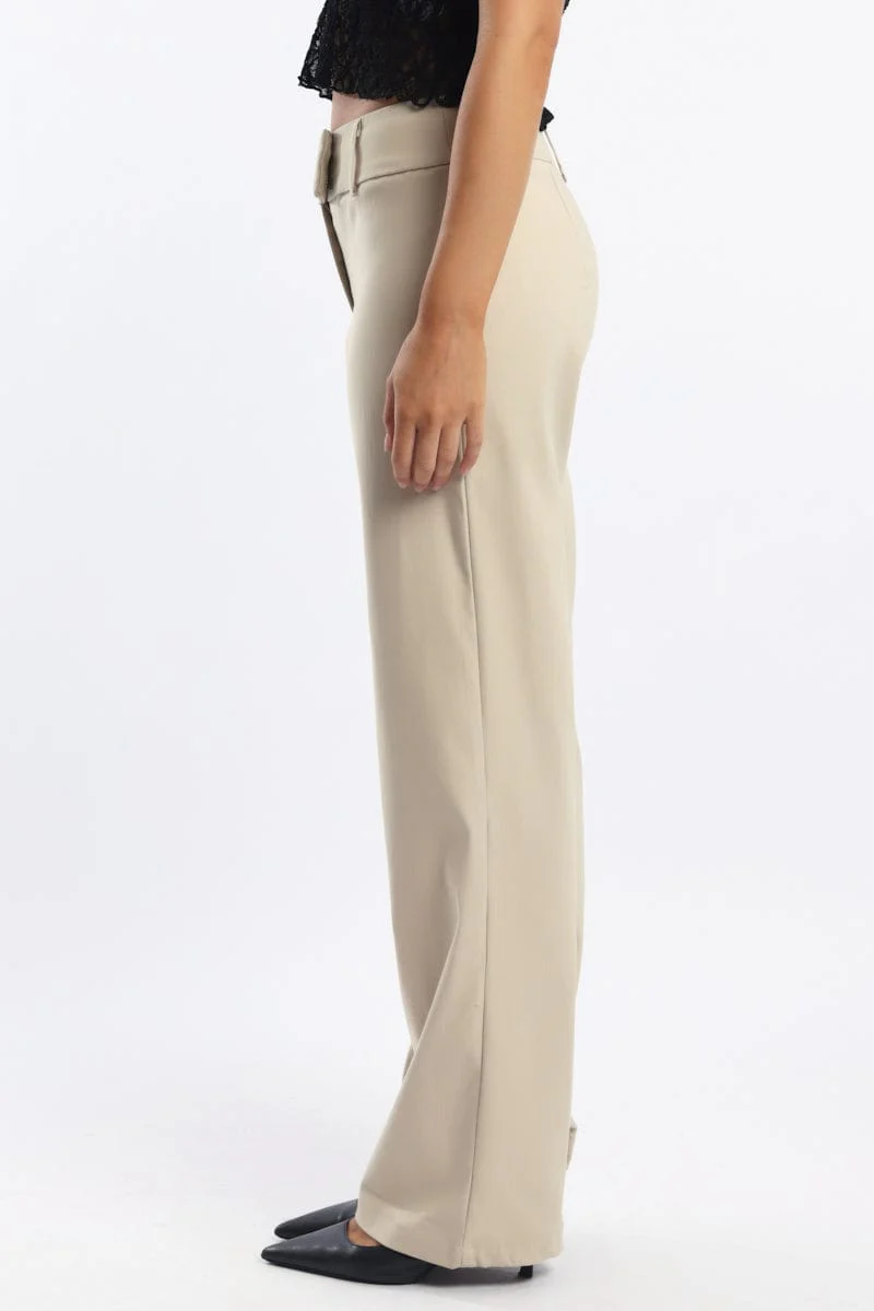 Beige Straight Fit Low Rise Pants