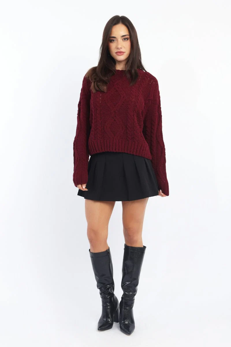 Red Cable Knit Long Sleeve Crew Neck