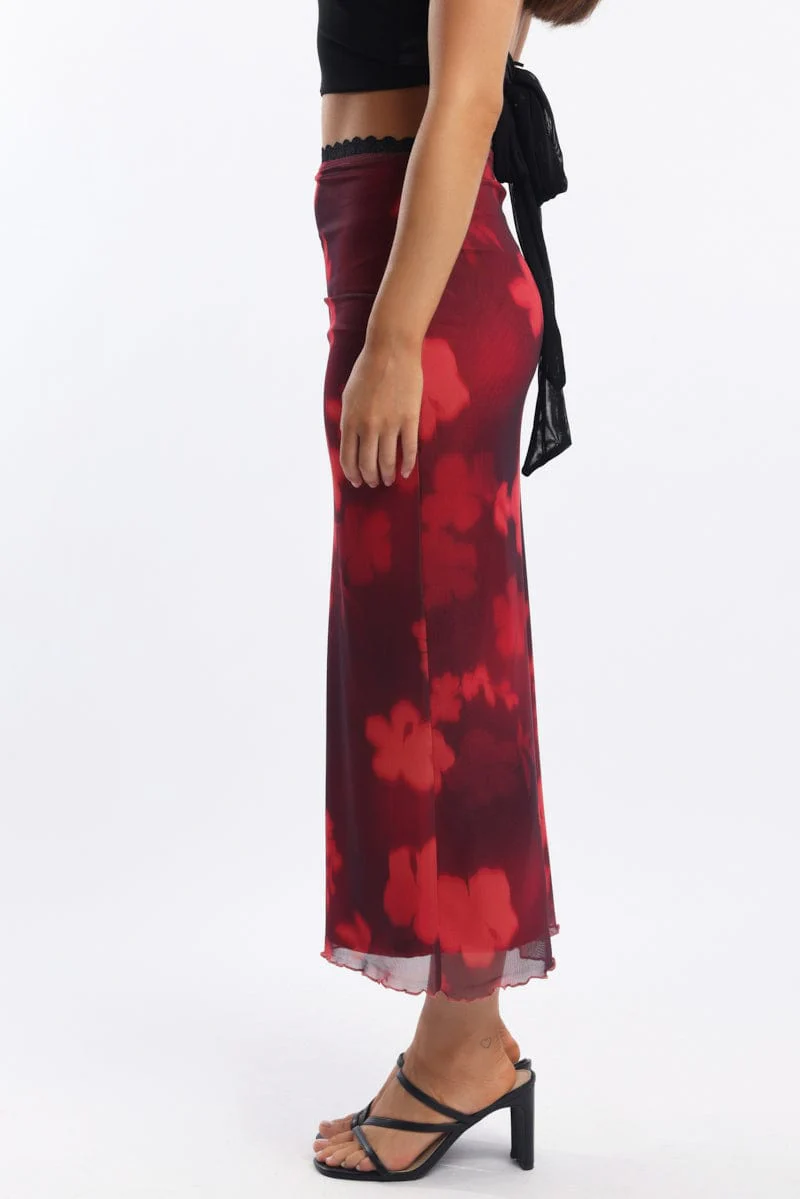 Red Floral Mesh Skirt Elasticated Lace Trim Midaxi