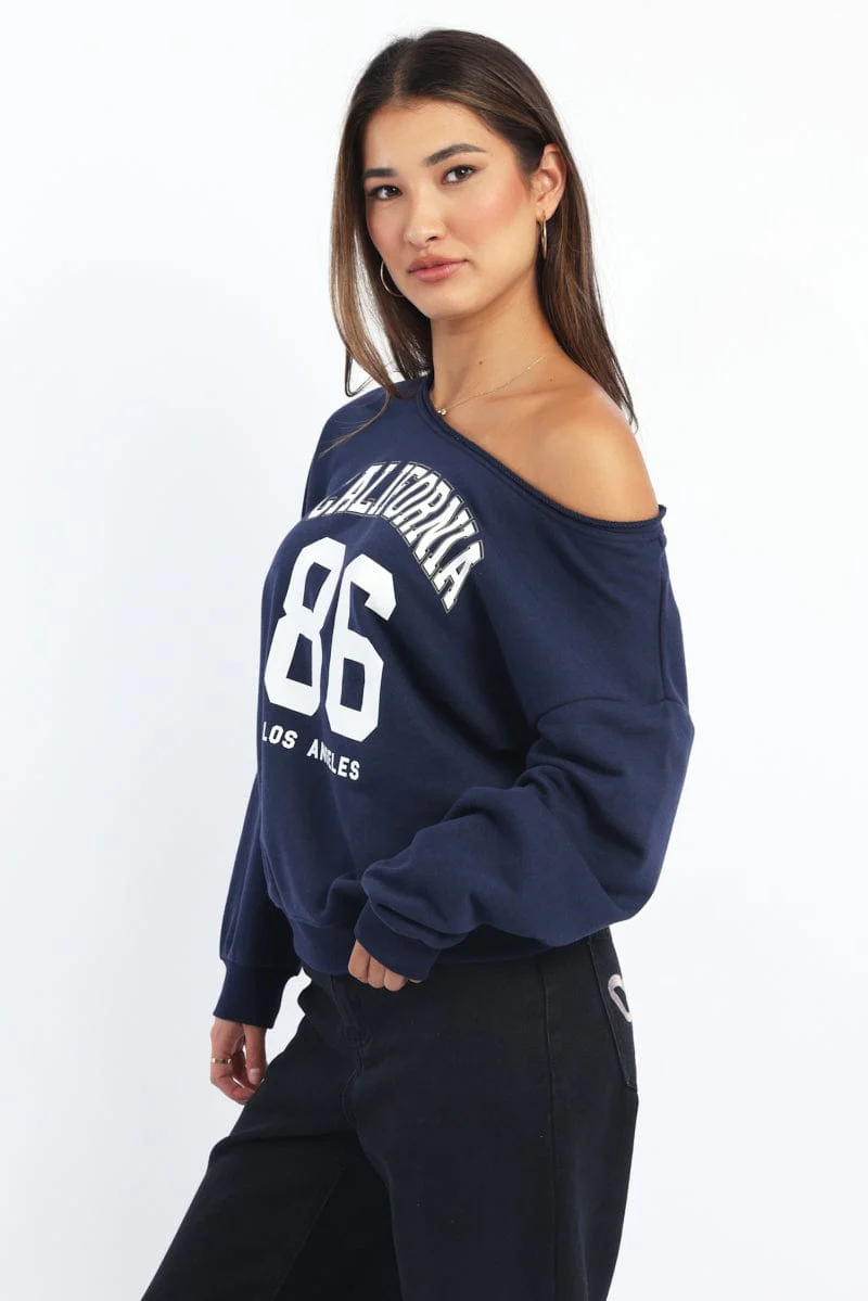 Blue Off Shoulder Sweater Long Sleeve
