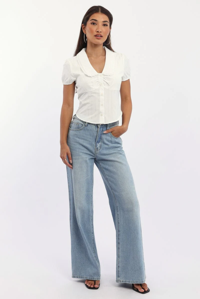 White Puff Sleeve Shirt Peter Pan Collar Button Up