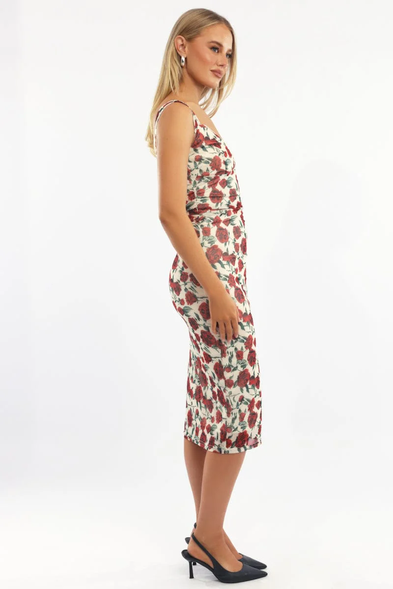 Beige Floral Bodycon Dress Mesh