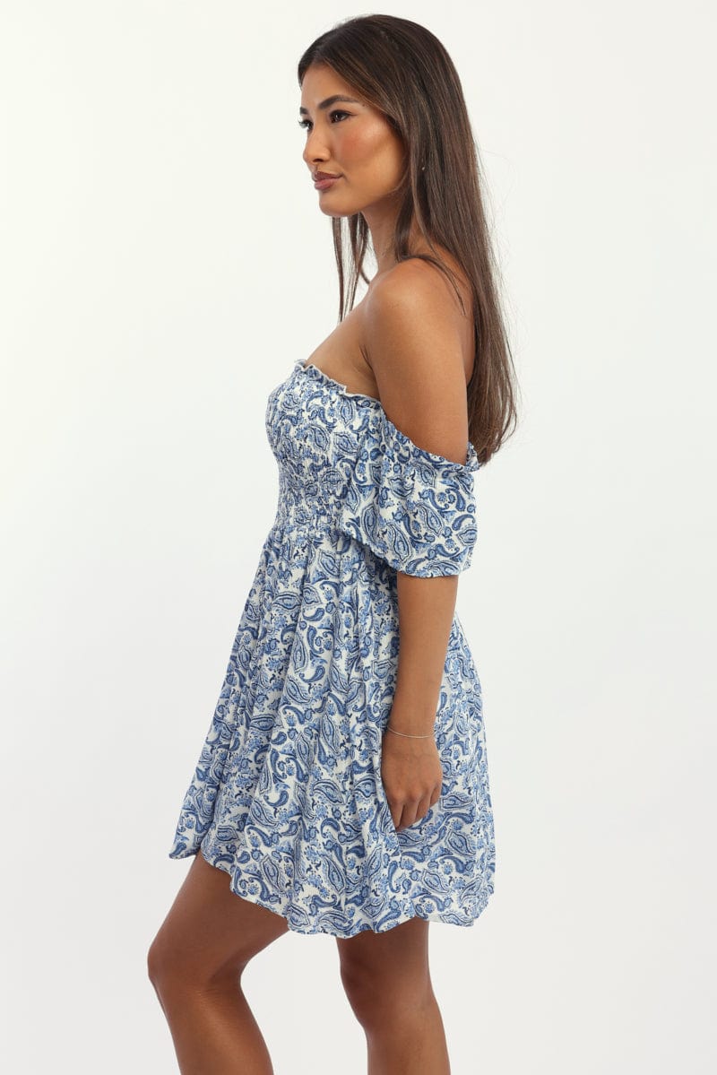 Blue Paisley Mini Dress Off Shoulder