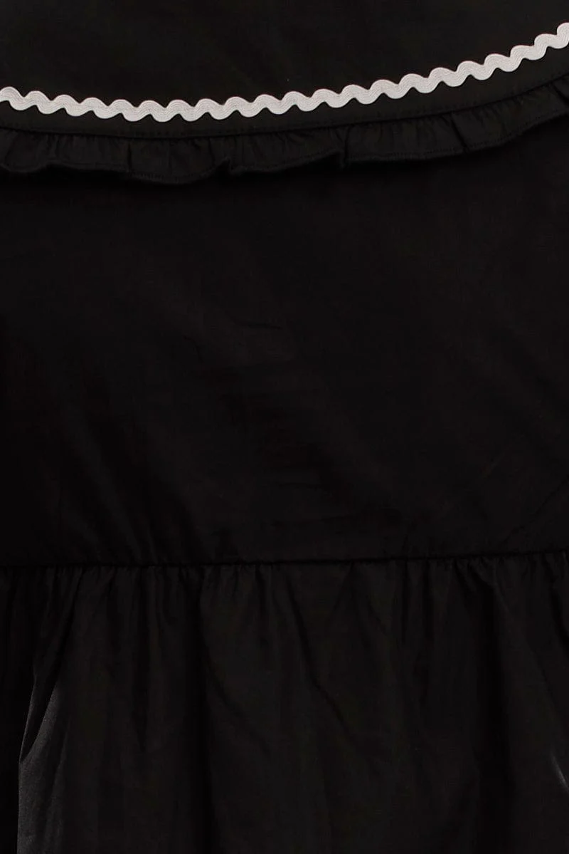 Black Babydoll Top Puff Sleeve Collared Poplin Ric Rac