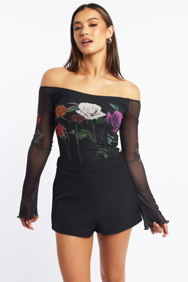 Black Floral Off Shoulder Top Mesh
