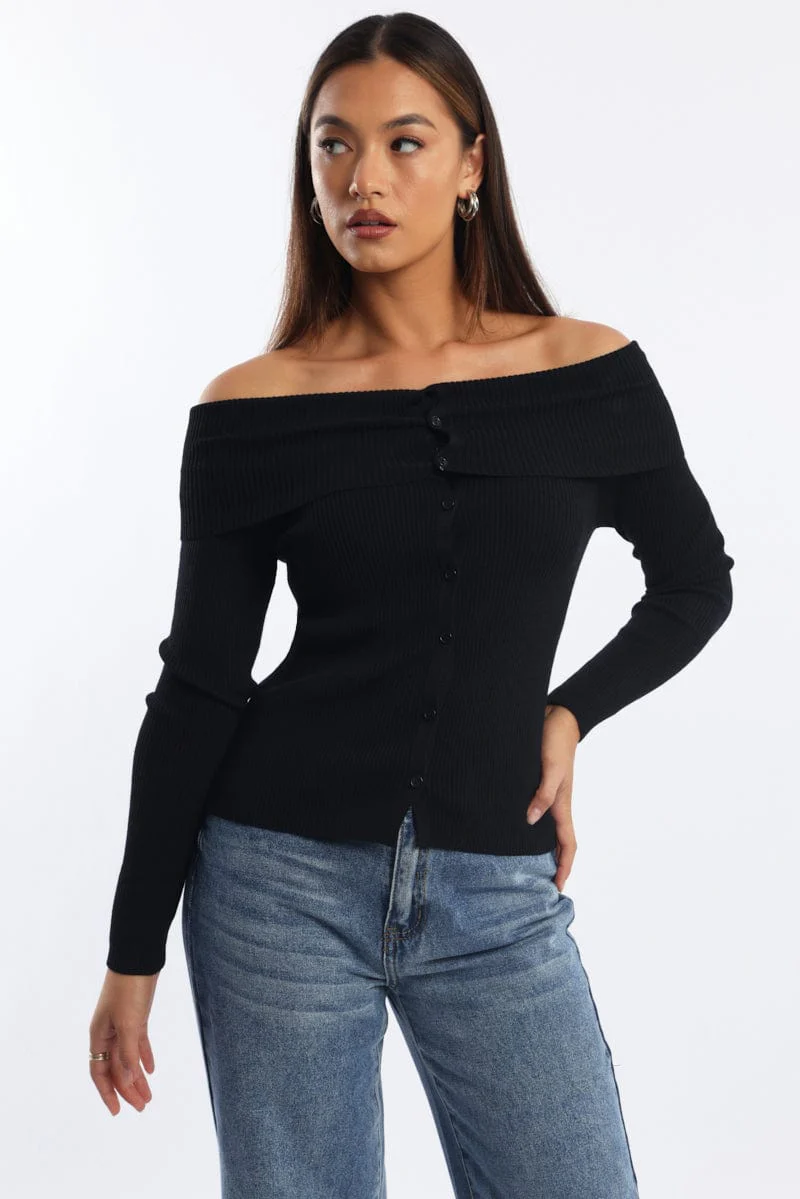 Black Knit Cardigan Long Sleeve Bardot