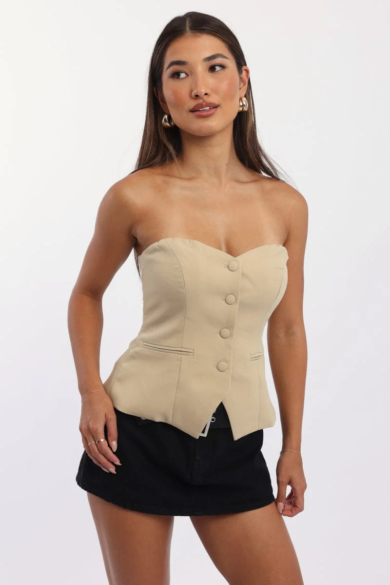 Beige Bandeau Vest Sleeveless Sweetheart Tailored
