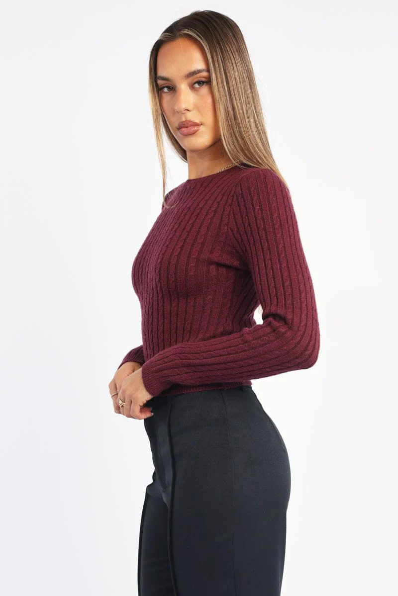 Red Cable Knit Top Long Sleeve